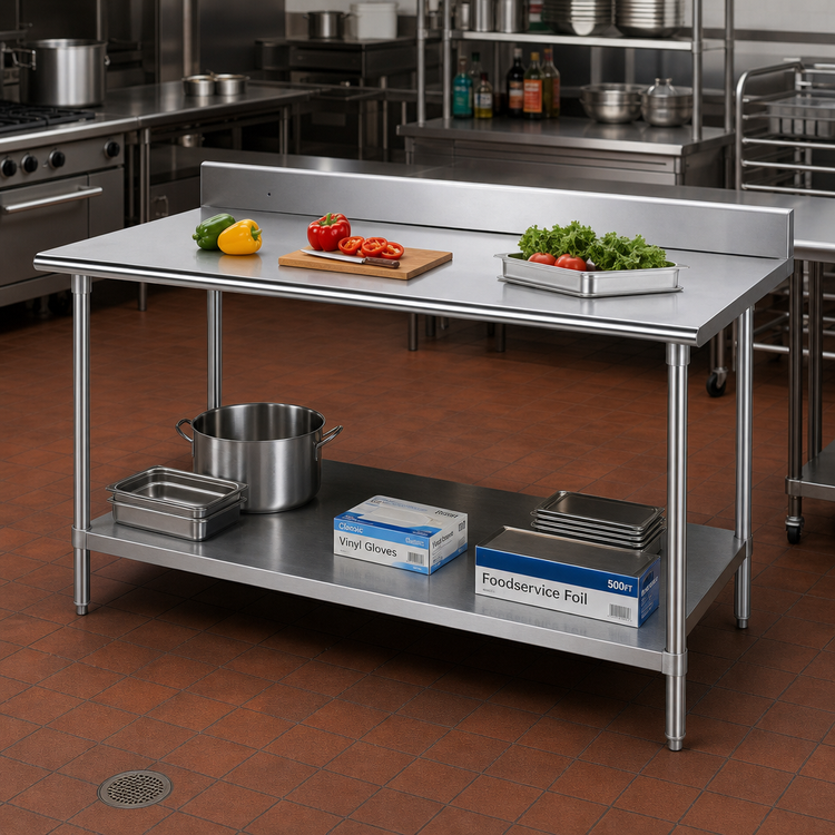 Product image #2 for Advance Tabco 108" x 36" 14-Gauge 304 Stainless Steel Work Table with 5" Backsplash and Adjustable Galvanized Undershelf