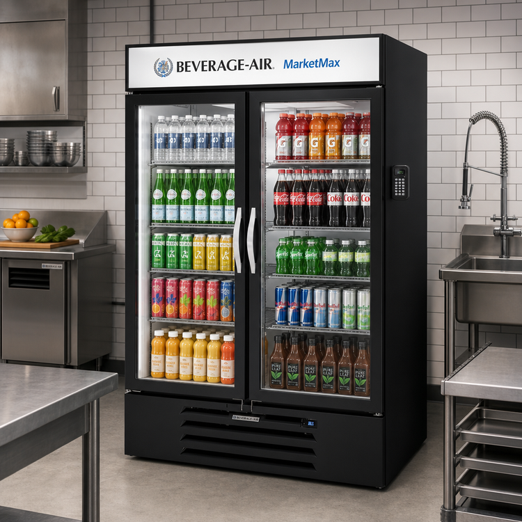Product image #2 for Beverage-Air MarketMax 52-Inch Two-Section Reach-In Glass Door Refrigerated Merchandiser, Black, with Electronic Smart Lock