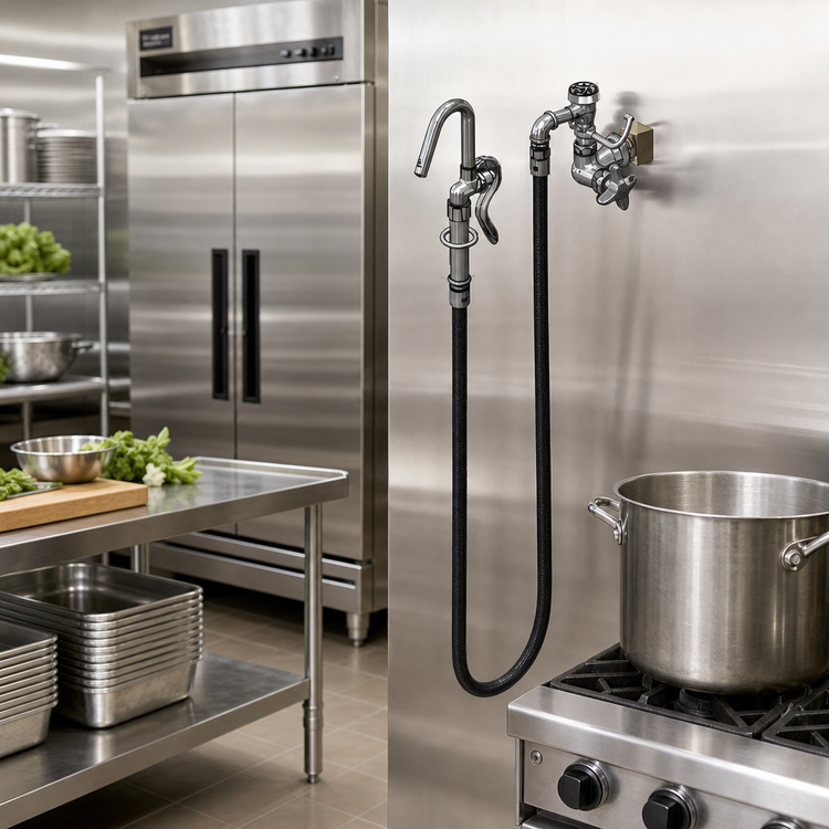 Product image #2 for T&S Brass Wall-Mount Single-Control Pot and Kettle Filler Faucet with 68-Inch Flexible Hose and Hook Nozzle