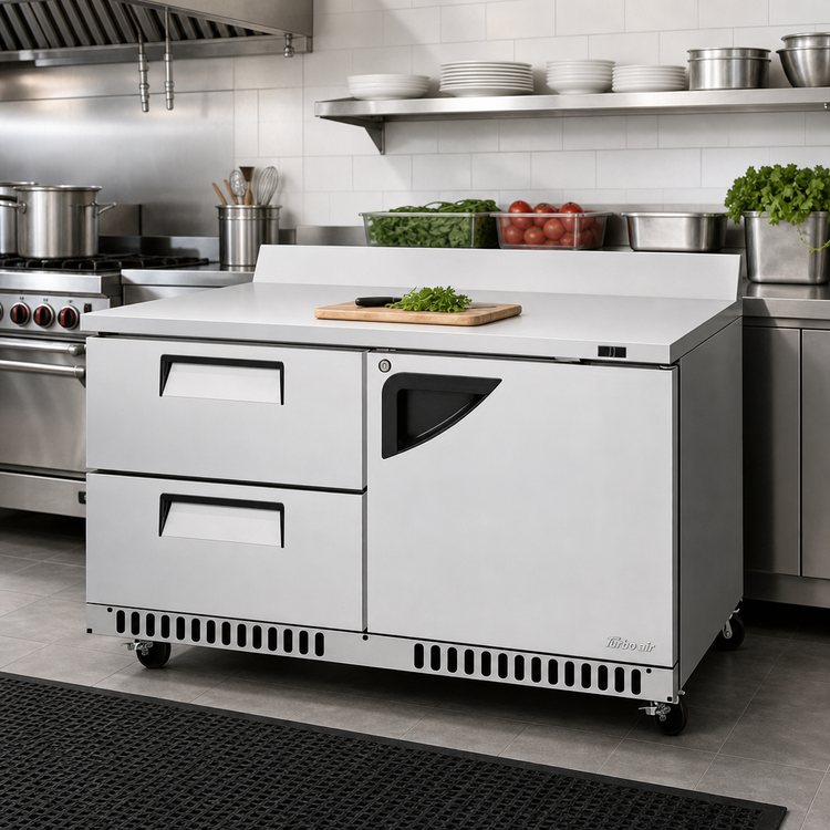 Product image #3 for Turbo Air Super Deluxe 60-1/4-Inch Stainless Steel Front-Breathing Two-Section Worktop Refrigerator with 1 Solid Door and 2 Drawers