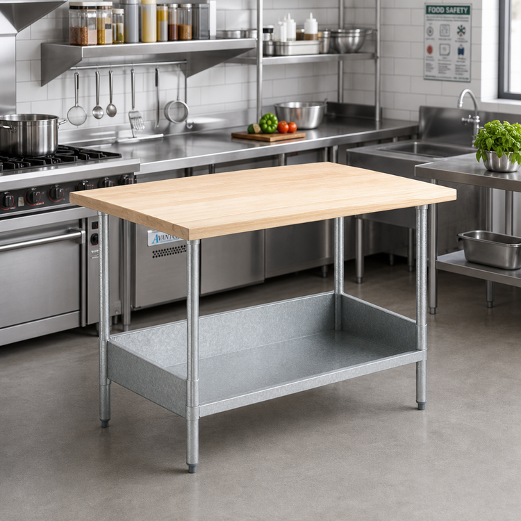 Product image #2 for Advance Tabco 36 Inch x 30 Inch Maple Top Wood Work Table with Galvanized Base and Adjustable Undershelf