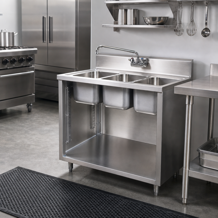 Product image #2 for 36 Inch x 24 Inch Open Front Three Compartment Stainless Steel Sink Cabinet with Included Faucet