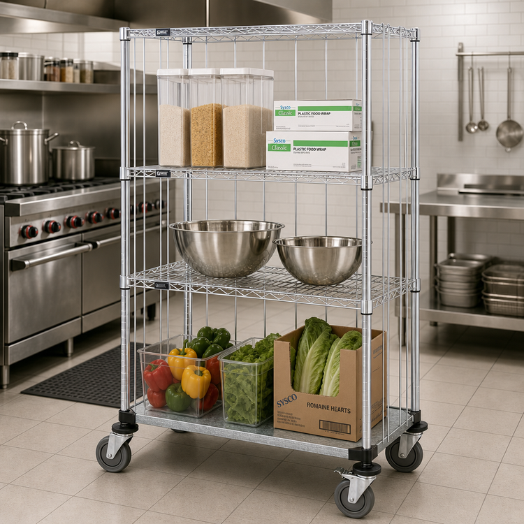 Product image #2 for Quantum Mobile Enclosure Wire Shelving Cart, 36" W x 24" D x 69" H, Chrome Plated Finish