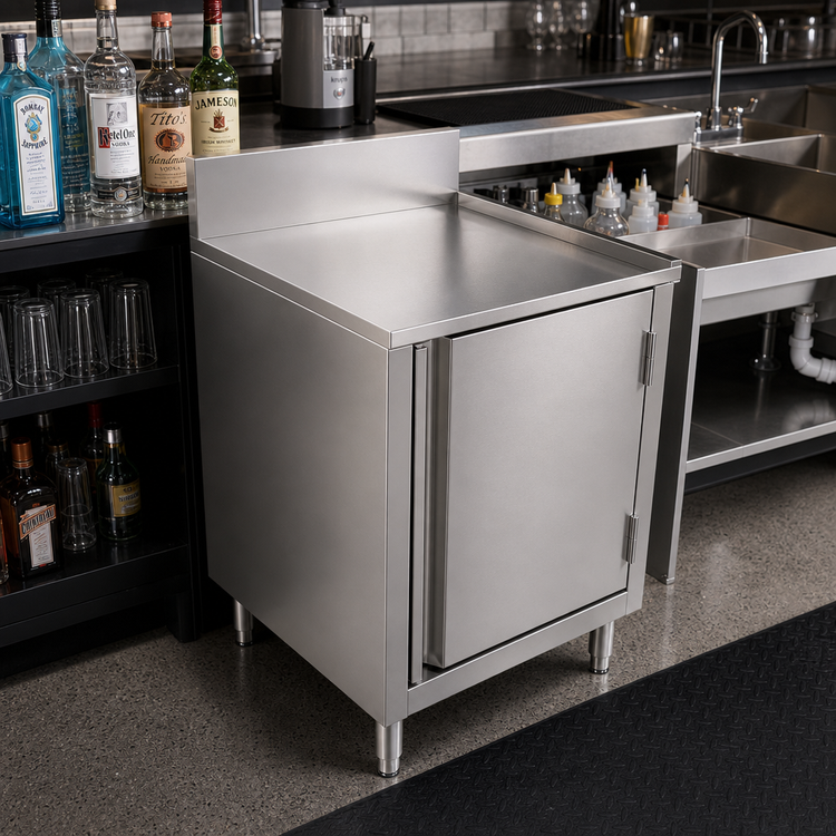 Product image #3 for BK Resources Well Series 21 x 18 Inch Stainless Steel Underbar Cabinet with Flat Top, Raised Edge, and 6-Inch Adjustable Legs