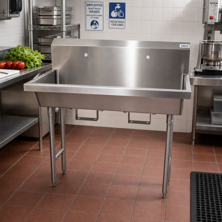 Product image #2 for BK Resources Two-Station Freestanding Hand Wash Sink with Knee Valve Bracket, 48 Inch Stainless Steel