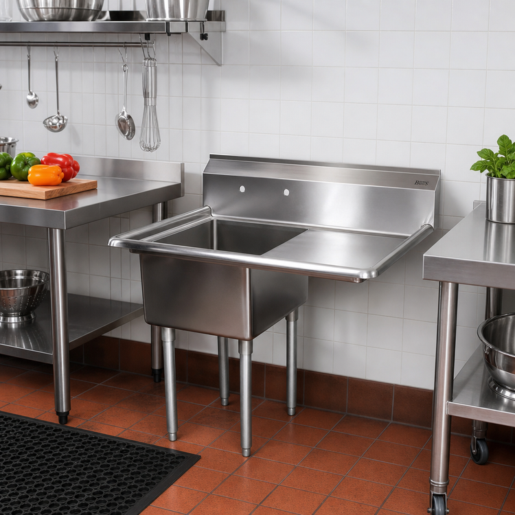 Product image #2 for John Boos E-Series 1-Compartment Sink with Right Drainboard, 16 x 20 x 12 Bowl, 18-Gauge Stainless Steel