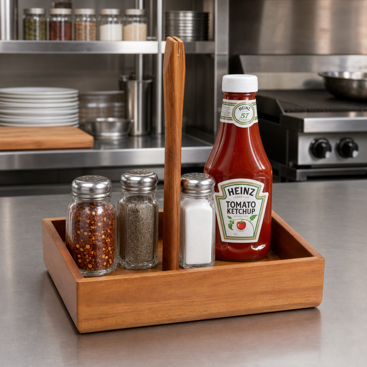 Product image #3 for American Metalcraft Loft Collection Acacia Wood Tabletop Condiment Caddy, 9 1/8 Inch Long