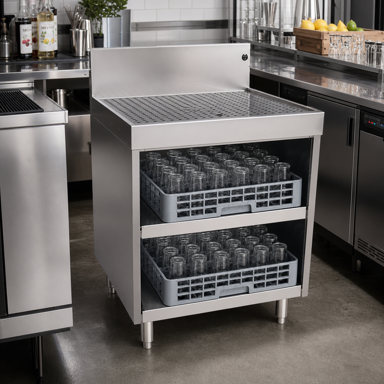 Product image #2 for Glastender Stainless Steel Underbar Glass Rack Storage Unit with Drainboard Top, Open Front Base, Holds 2 Glass Racks, 24"W x 24"D