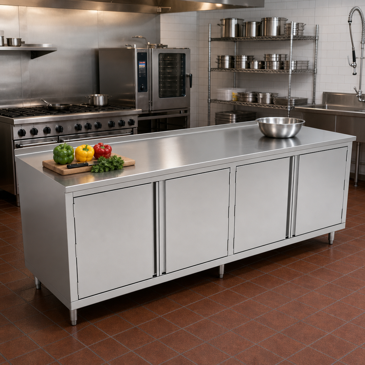 Product image #2 for John Boos Enclosed Work Table Cabinet Base with Hinged Double Doors, 96 x 36 Inches, 14-Gauge Stainless Steel Top, 1-1/2 Inch Rear Riser