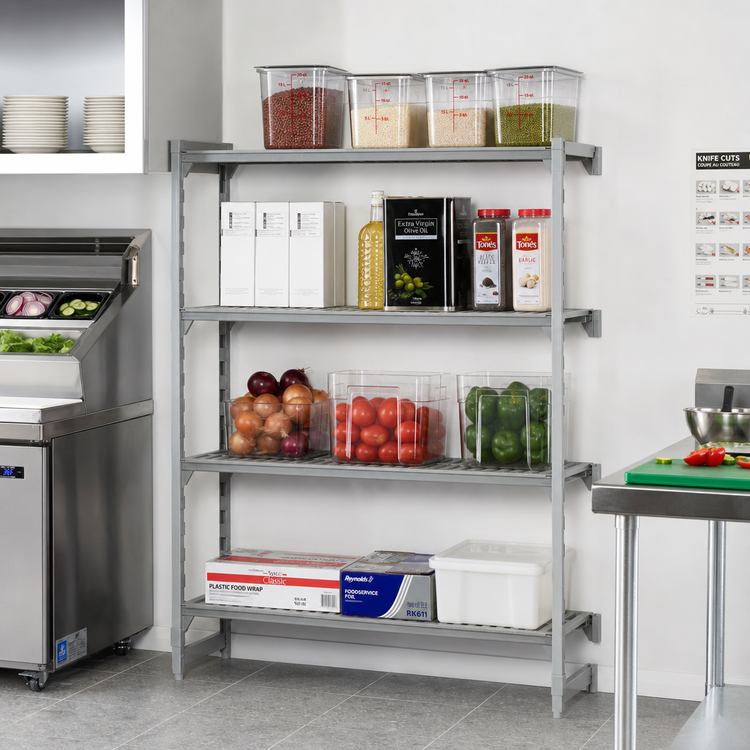 Product image #3 for Cambro Camshelving Premium 4-Tier Polymer Shelving Add-On Unit, 18" D x 54" W x 72" H, Vented & Solid, Speckled Gray