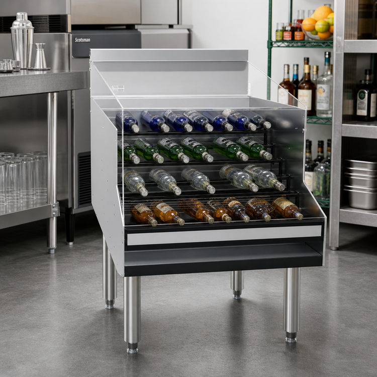 Product image #2 for Glastender 24"W x 29"D Free-Standing Stainless Steel Liquor Steps, 5-Step, with Clear Lift-Off Cover