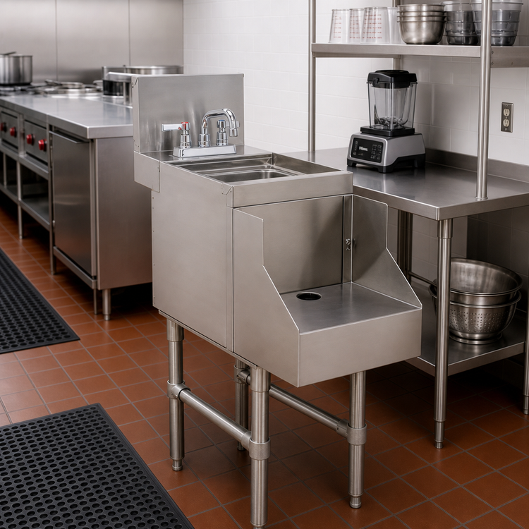 Product image #2 for Advance Tabco Prestige Supreme 12-Inch Wide Free-Standing Blender Station with Dump Sink, Deck-Mount Faucet and Recessed Blender Shelf