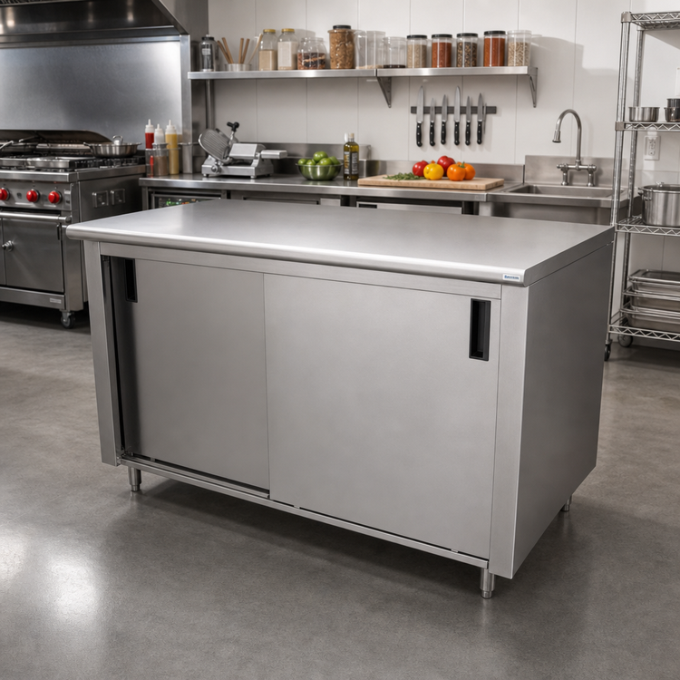 Product image #2 for Advance Tabco Special Value Series 72 Inch x 24 Inch Enclosed Stainless Steel Work Table with Cabinet Base and Sliding Doors