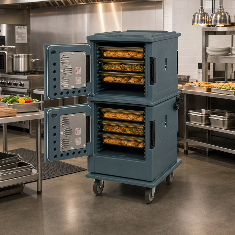 Product image #3 for Cambro Ultra Camcart H-Series Heated Front-Loading 2-Compartment Food Pan Carrier, Both Doors Heated, 110V, Granite Gray