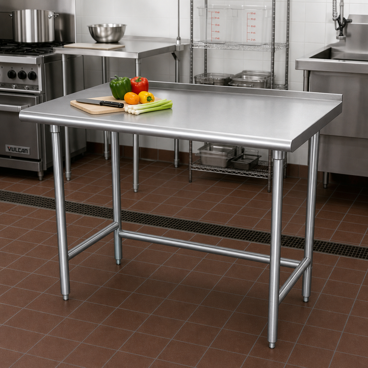 Product image #2 for Advance Tabco Special Value Series 48" x 30" 304 Stainless Steel Top Open Base Work Table with 1-1/2" Rear Up-Turn