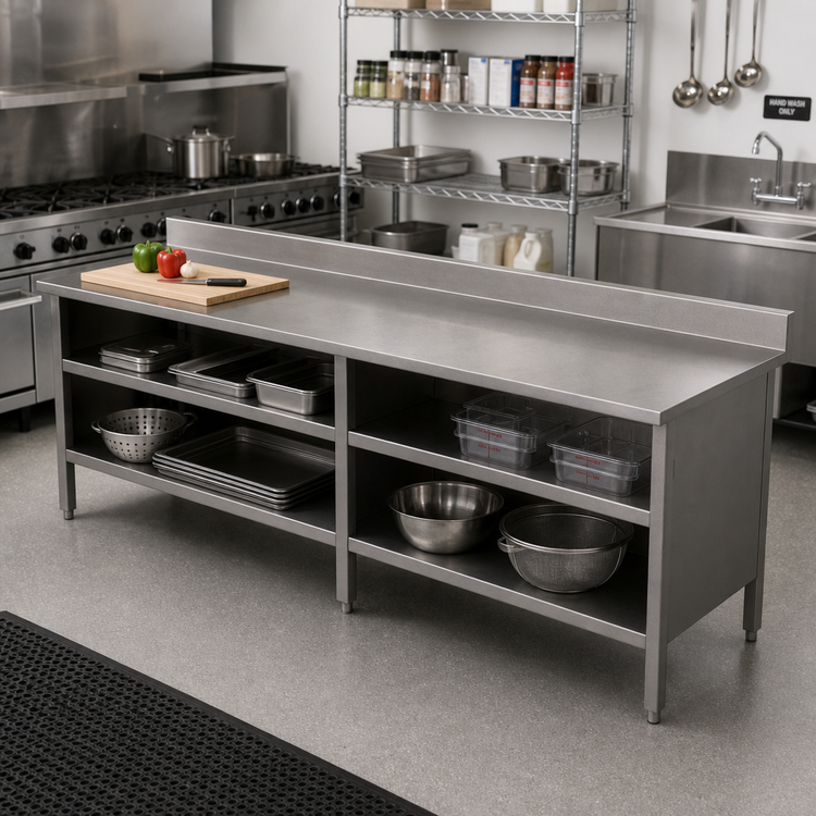 Product image #2 for John Boos Open Front Cabinet Base Stainless Steel Work Table with 5 Inch Backsplash, 120 x 24 Inch