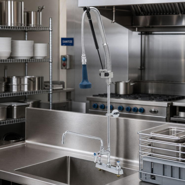 Product image #1 for EverSteel DuraPull Deck Mount Pull-Down Pre-Rinse Unit with Add-On Faucet, 12 Inch Swing Nozzle, and 8 Inch Adjustable Centers