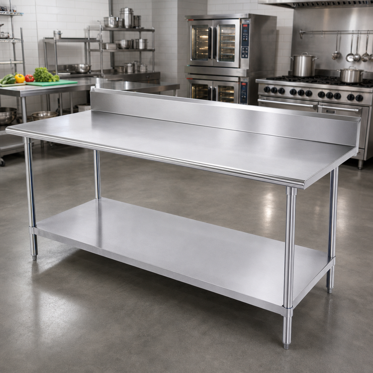 Product image #2 for Advance Tabco 120-Inch x 36-Inch 14-Gauge 304 Stainless Steel Work Table with 5-Inch Backsplash and Adjustable Undershelf