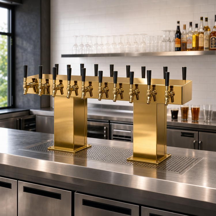 Product image #2 for Perlick Extra High Back-to-Back Bridge Tee Countertop Glycol-Cooled Draft Beer Tower, Brass Finish, 16 Faucets