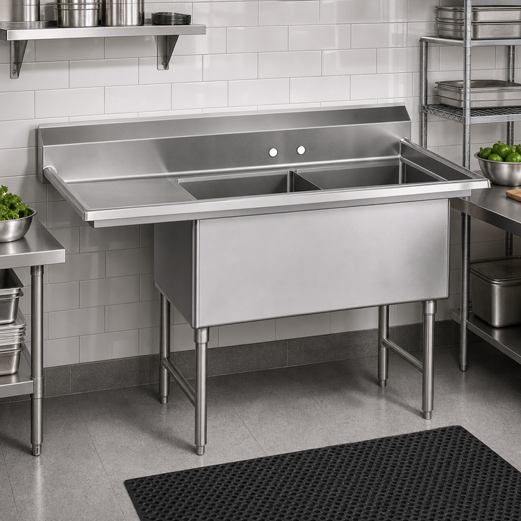 Product image #2 for Advance Tabco 2-Compartment Fabricated Sink with 24-Inch Left Drainboard, 18 x 24 x 14-Inch Bowls, 16 Gauge 304 Stainless Steel