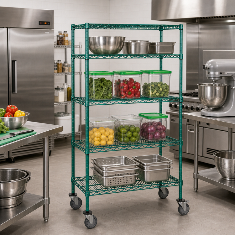 Product image #2 for Quantum 36 x 24 x 80 Inch Mobile Wire Shelving Cart with 4 Shelves, Green Epoxy Finish