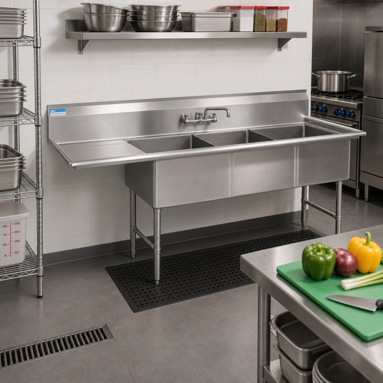 Product image #2 for BK Resources Three-Compartment Stainless Steel Sink with Left Drainboard, 16-Gauge, 70-3/16" x 25-1/2" x 44-1/16"