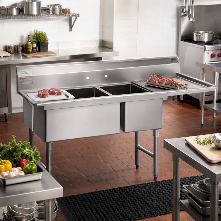 Product image #2 for Spec-Master SFN3052-3-18-14/3 Three Compartment Supermarket Meat Platter Sink with Dual 18-Inch Drainboards