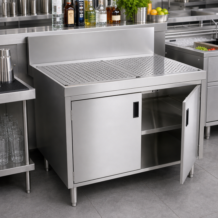 Product image #2 for Advance Tabco Prestige Supreme 42-Inch Stainless Steel Underbar Drainboard Cabinet with 7-Inch Backsplash and Removable Hinged Doors