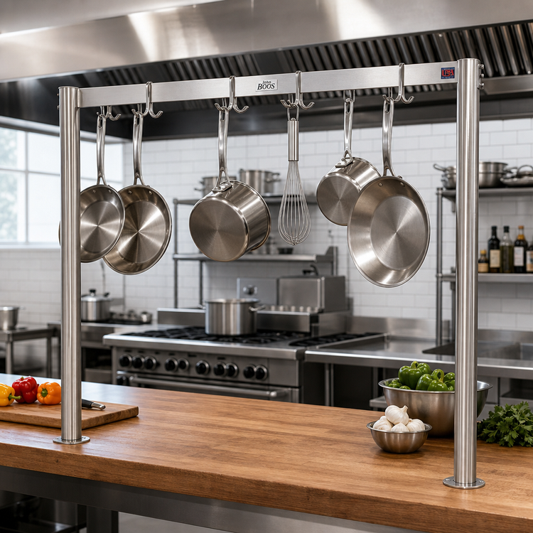 Product image #2 for John Boos PRS7 Table-Mounted Single-Bar Stainless Steel Pot Rack with 12 Double Hooks
