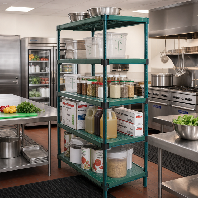 Product image #2 for QuadPlus 5-Tier Stationary Wire Shelving Starter Unit with Mixed Shelf Mats, 36W x 21D x 74H, Green Epoxy Finish