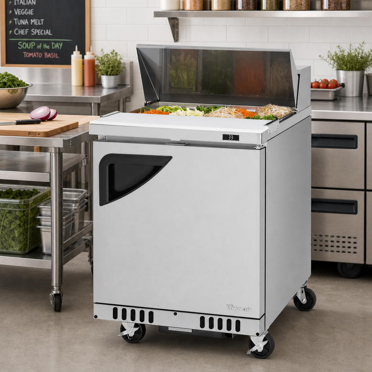 Product image #2 for Turbo Air Super Deluxe 27-1/2-Inch Front-Breathing 1-Section Sandwich/Salad Prep Table with Solid Door, 8-Pan Top