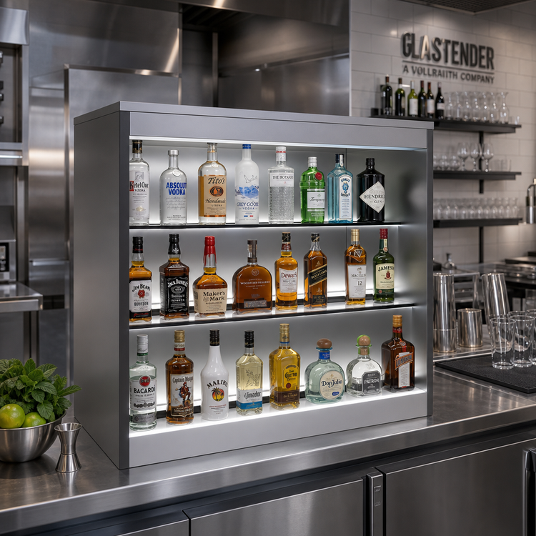 Product image #2 for Glastender Open Front Back Bar Liquor Display Cabinet with 3-Step LED Shelves, 42 Inch Wide