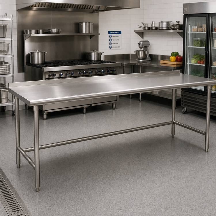 Product image #2 for Advance Tabco Premium 14-Gauge 304 Stainless Steel Open Base Work Table with 1-1/2-Inch Rear Splash, 144 x 36 Inches