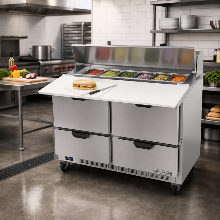 Product image #3 for Beverage-Air SPED48HC-12C-4 Two-Section 48-Inch Sandwich Prep Table with 4 Drawers and 17-Inch Cutting Board