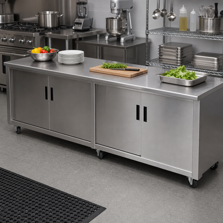 Product image #2 for Advance Tabco 84-Inch x 30-Inch Cabinet Base Work Table with Hinged Doors and 14-Gauge 304 Stainless Steel Top