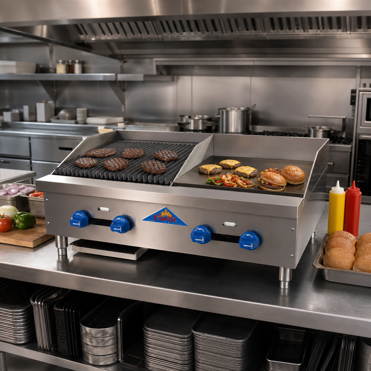 Product image #2 for Comstock-Castle Countertop Gas Char-Broiler/Griddle Combination, 36 in. Wide, 18 x 21 in. Sections, Lava Rock, 76,000 BTU