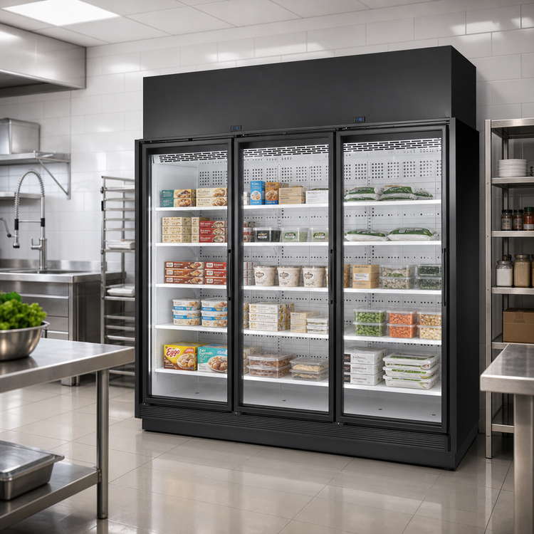 Product image #2 for True TRM3L-NN Three-Section Low-Temp Glass Door Freezer Merchandiser, Self-Contained, Black Exterior/White Interior