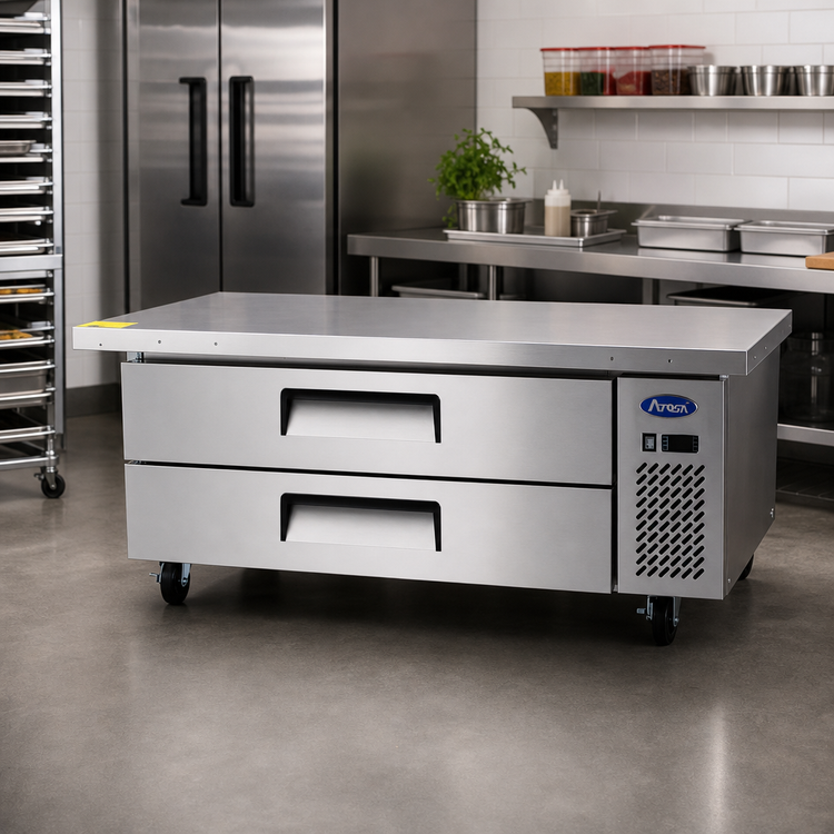Product image #2 for Atosa Refrigerated Chef Base with Extended Top, 2-Drawer, 60-1/2 Inch Wide, Side-Mounted Self-Contained