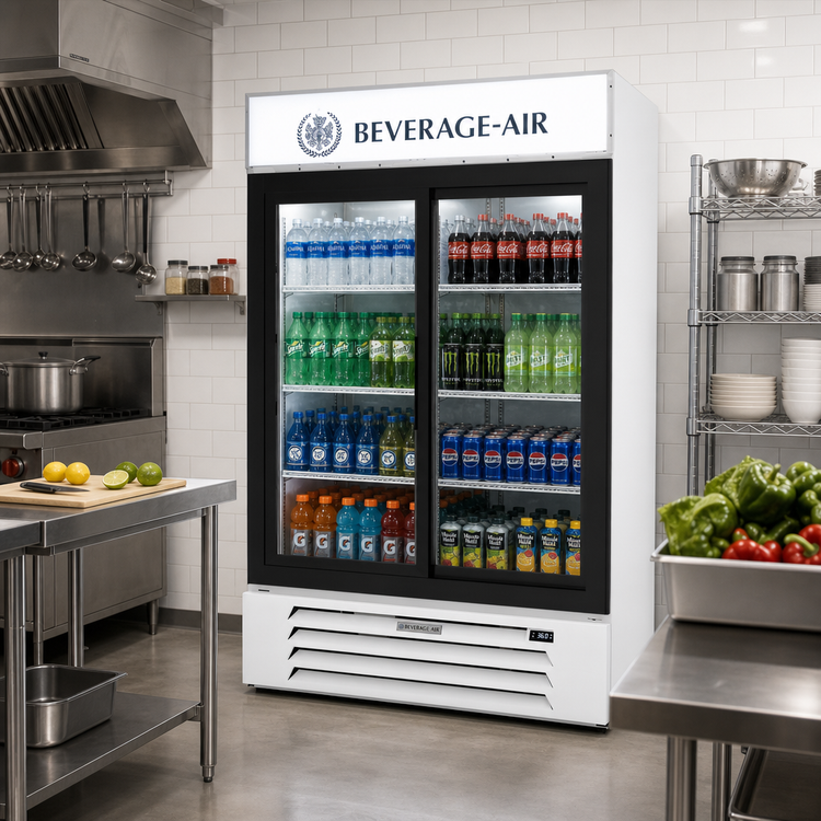 Product image #2 for Beverage-Air MarketMax™ 2-Section Reach-In Sliding Glass Door Refrigerated Merchandiser, 46.15 Cu. Ft., White