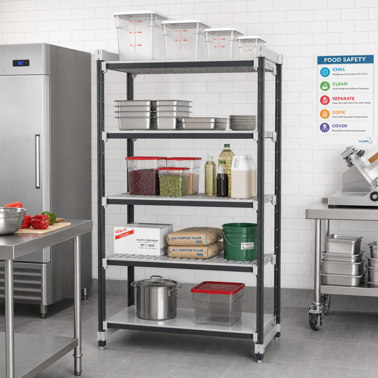 Product image #2 for Cambro Camshelving Elements XTRA 24"W x 36"L x 84"H Stationary Starter Unit, 5-Tier Polymer Shelving, 4 Vented + 1 Solid, Speckled Gray