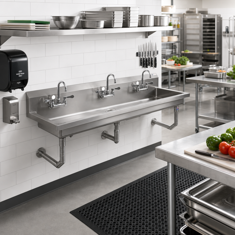 Product image #2 for John Boos Wall-Mount Multi-Station Hand Wash Sink, 60-Inch, 3 Sets of 4-Inch O.C. Faucet Holes, Stainless Steel
