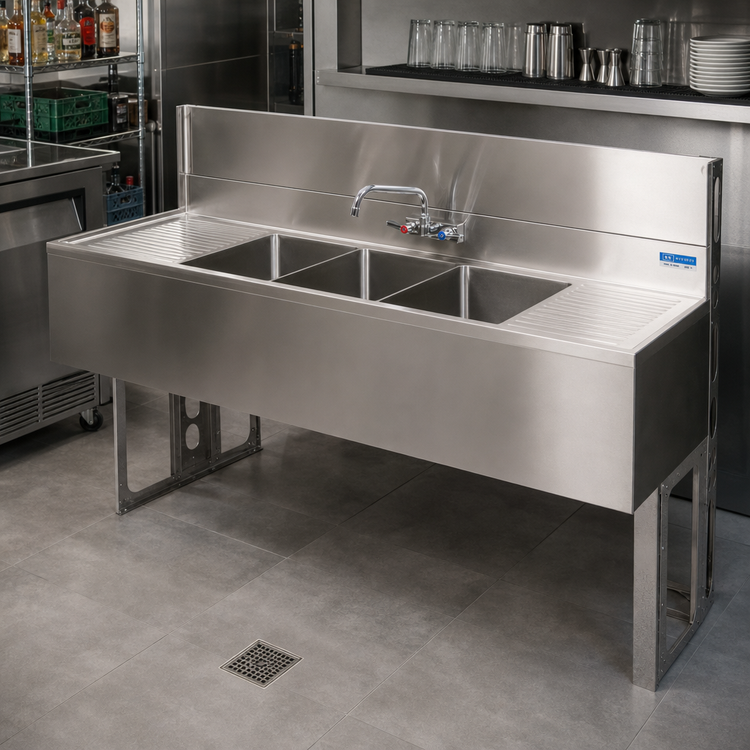 Product image #3 for BK Resources Slim-Line Three-Compartment Underbar Sink with Dual Drainboards, 84 Inch Wide