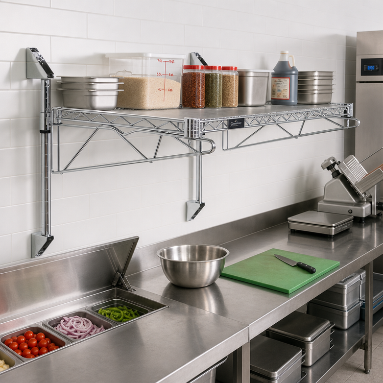 Product image #2 for Quantum Cantilever Single Shelf Wall-Mount Wire Shelving Unit, 72W x 18D, Chrome Plated
