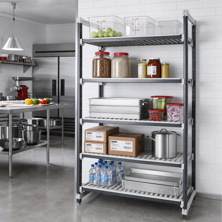 Product image #2 for Cambro Camshelving Elements XTRA 5-Tier Stationary Starter Polymer Shelving Unit, 24 x 60 x 64 Inches, Speckled Gray