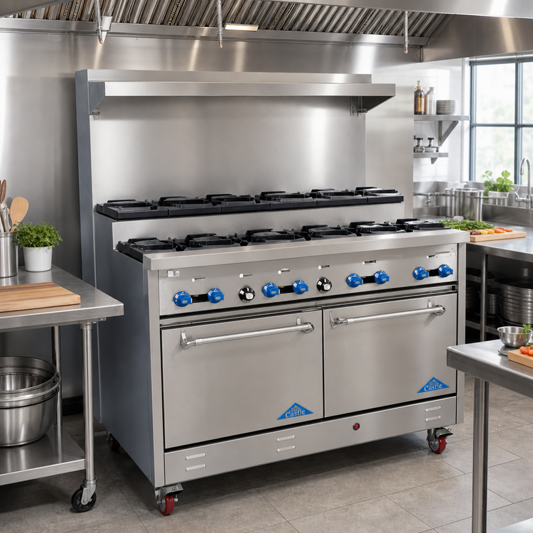 Product image #2 for Comstock-Castle 72-Inch Commercial Gas Step-Up Range with 12 Star Burners and 2 Standard Ovens
