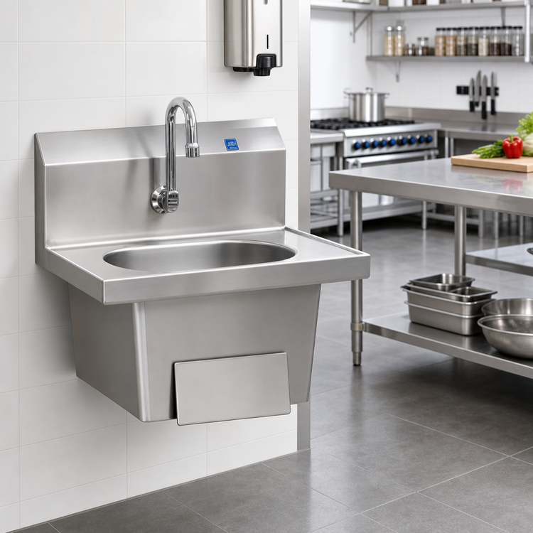 Product image #2 for Wall-Mounted Hand Sink with Single Knee Pedal, Skirt, and Gooseneck Faucet