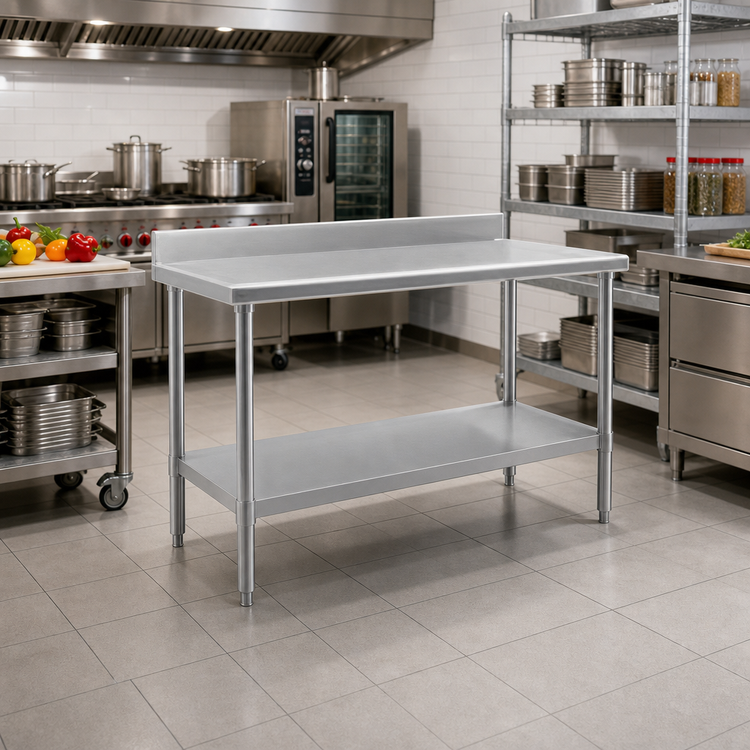 Product image #2 for Spec-Master Marine Series 30 Inch x 30 Inch Stainless Steel Work Table with 4-1/2 Inch Backsplash and Adjustable Undershelf