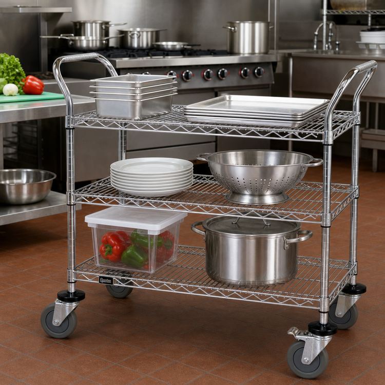 Product image #2 for Quantum Chrome-Plated 3-Shelf Wire Utility Bus Cart, 48 x 24 Inches