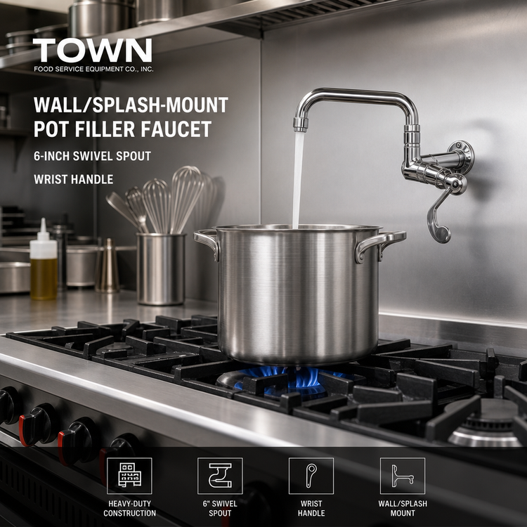 Product image #2 for Town Equipment Manual Wall/Splash-Mount Pot Filler Faucet with 6-Inch Swivel Spout and Wrist Handle