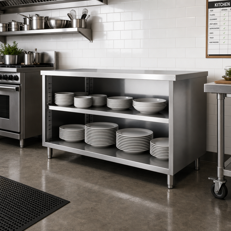 Product image #2 for Steel Works Stainless 72 Inch x 15 Inch x 36 Inch Stainless Steel Open Dish Cabinet with Adjustable Mid-Shelf